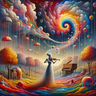 The primary subject of the image is a woman playing a violin, surrounded by a vibrant and colorful landscape. The setting includes a piano, trees, and a variety of balloons floating in the sky. The visual style of the image is a combination of digital art and illustration, creating a whimsical and imaginative atmosphere. The colors and mood of the scene are predominantly bright and cheerful, with the woman's violin playing adding a touch of elegance and grace to the overall composition.